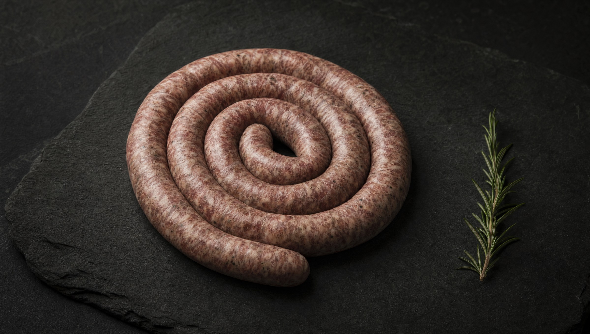 A coiled fresh boerewors on dark grey slate, three-quarter overhead angle, soft north-window light, single sprig of rosemary.