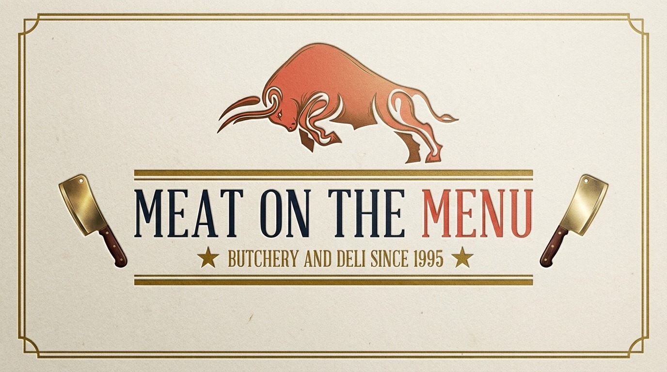 Meat On The Menu emblem. The charging coral-red bull above the wordmark MEAT ON THE MENU, flanked by two polished brass cleavers, with the tagline BUTCHERY AND DELI SINCE 1995 set in mustard-brass between two small stars. Pressed on cream card stock with a thin brass frame border.
