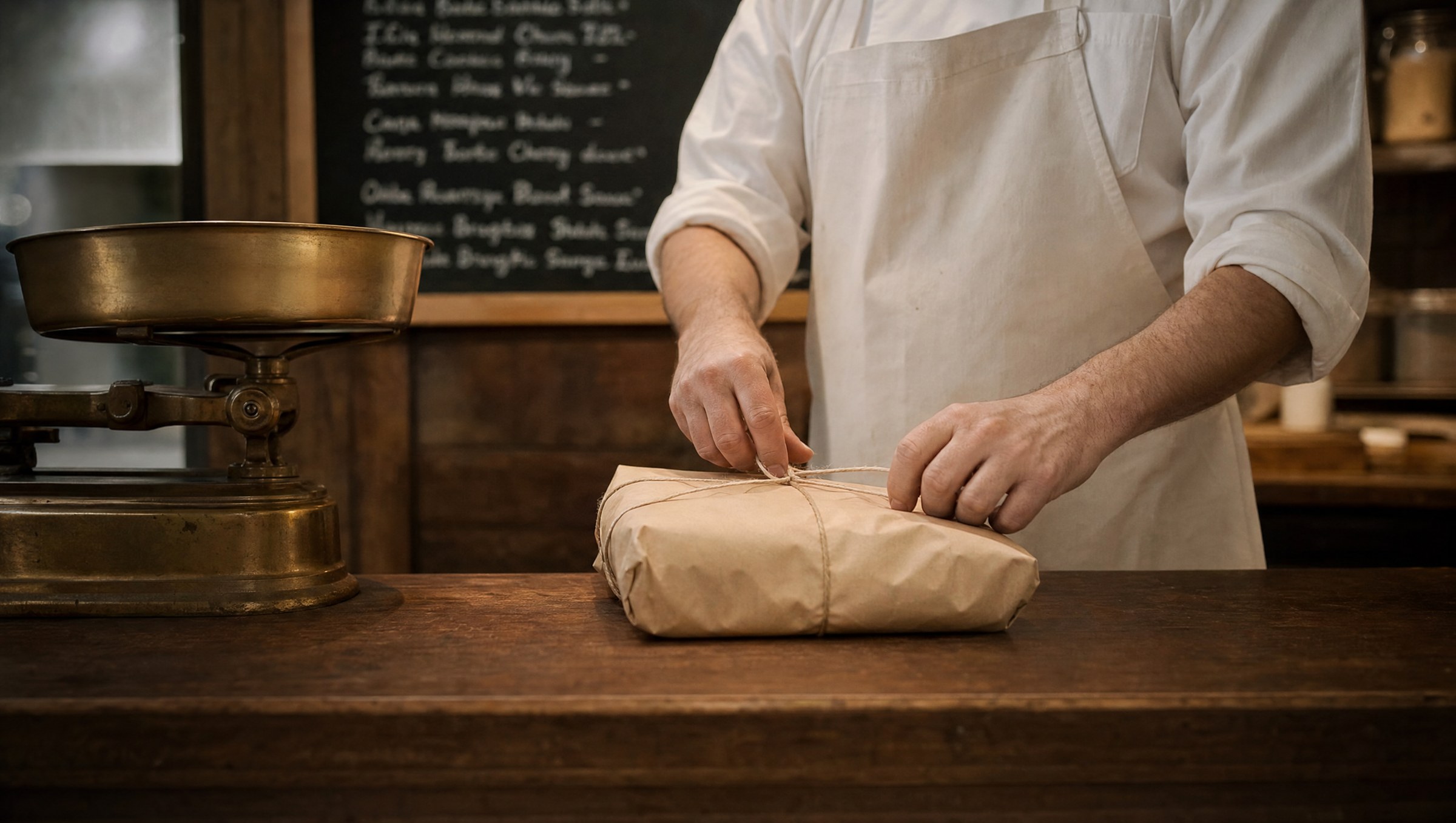 Hands in a clean white apron tying twine around a brown paper parcel at the counter, brass scale on the left, hand-written chalkboard with the day's cuts behind, warm tungsten light.