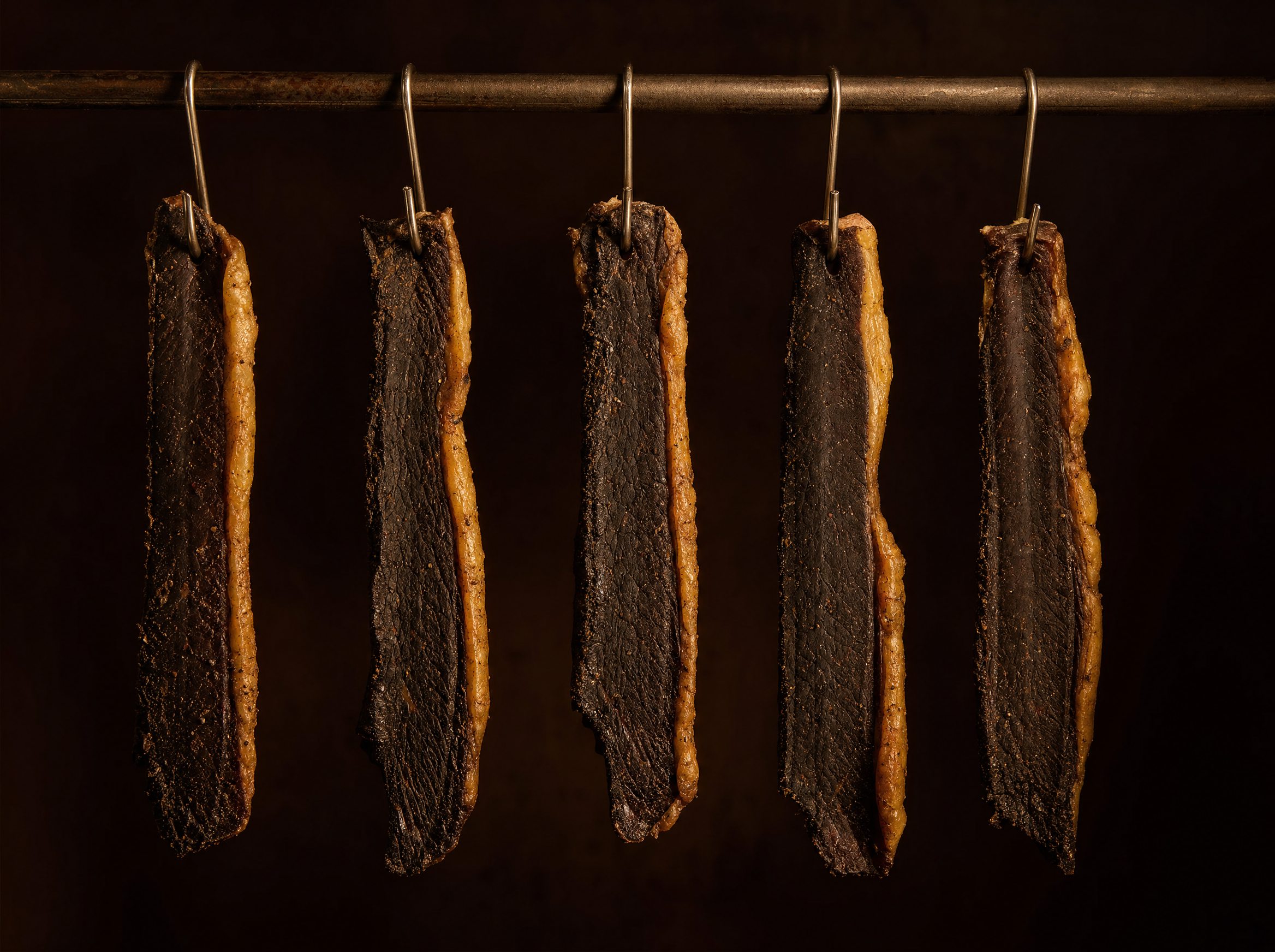 Several hand-cut biltong sticks hanging on small metal hooks against a dark background, low-key side-light catching the glossy fat caps.