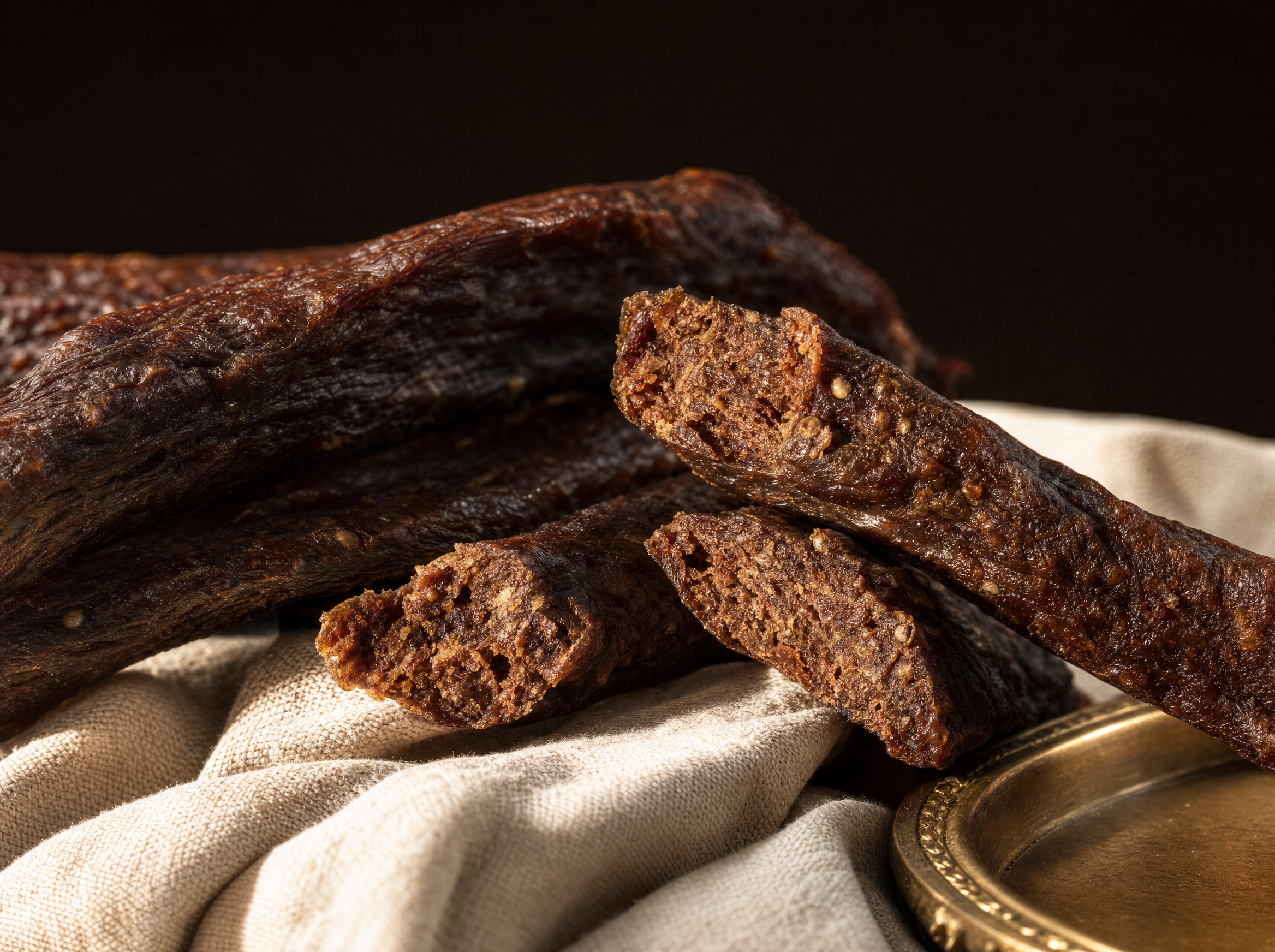 Thin dried beef sausages arranged on cream linen cloth, soft warm window light, macro detail of the dried casing.