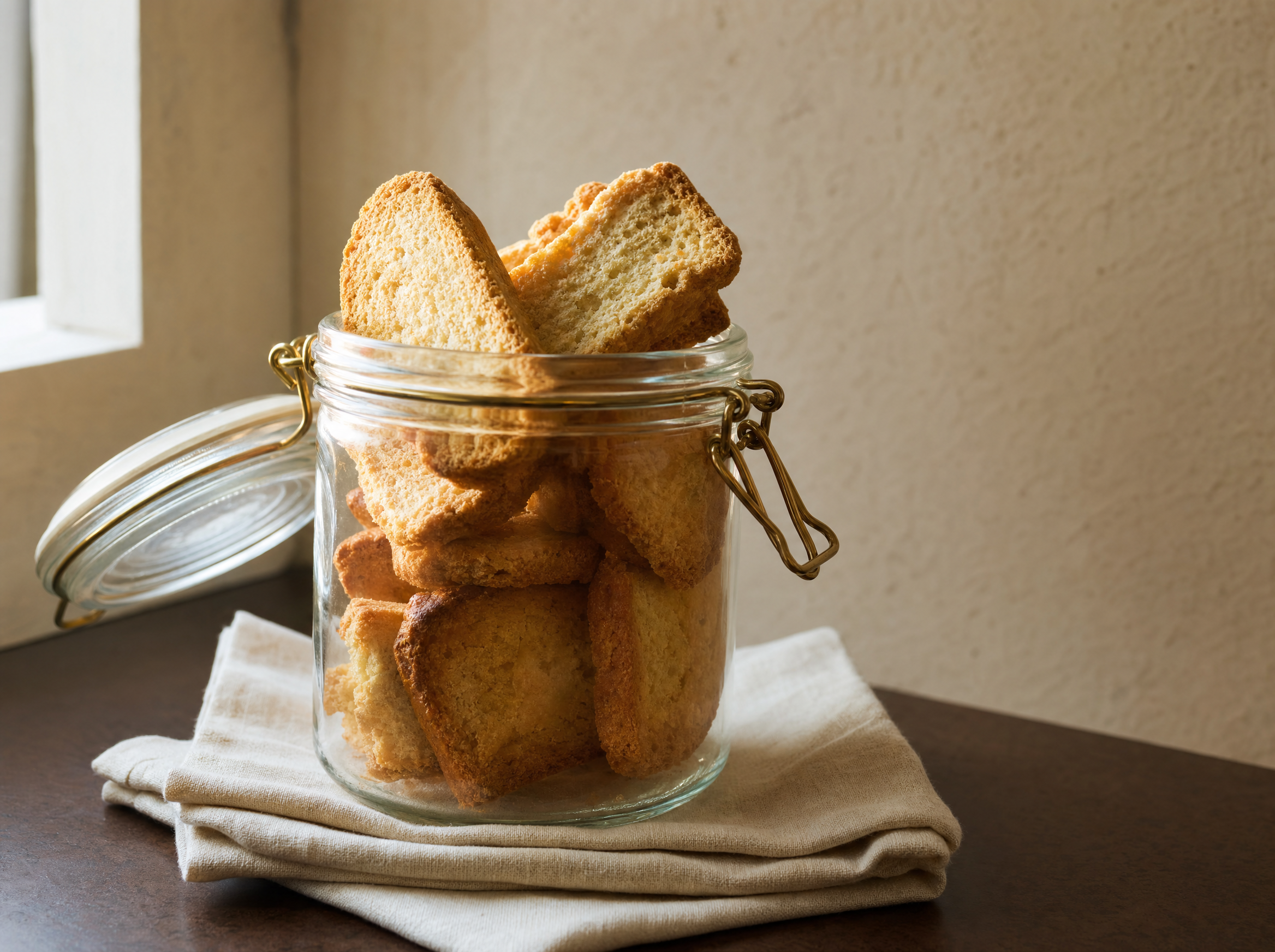 A glass mason jar half-filled with golden-brown buttermilk rusks, on cream linen, soft morning window light.