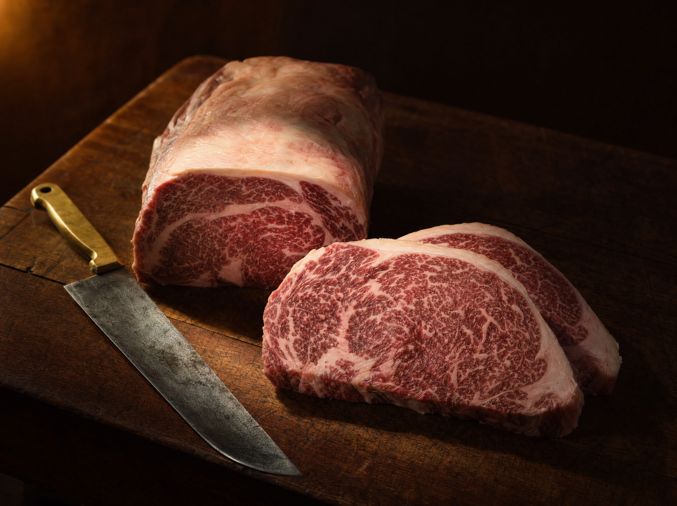 A folded brown butcher-paper parcel of meat, tied with a neat cross of kitchen twine, on a dark wood surface, hard side-light from the left.