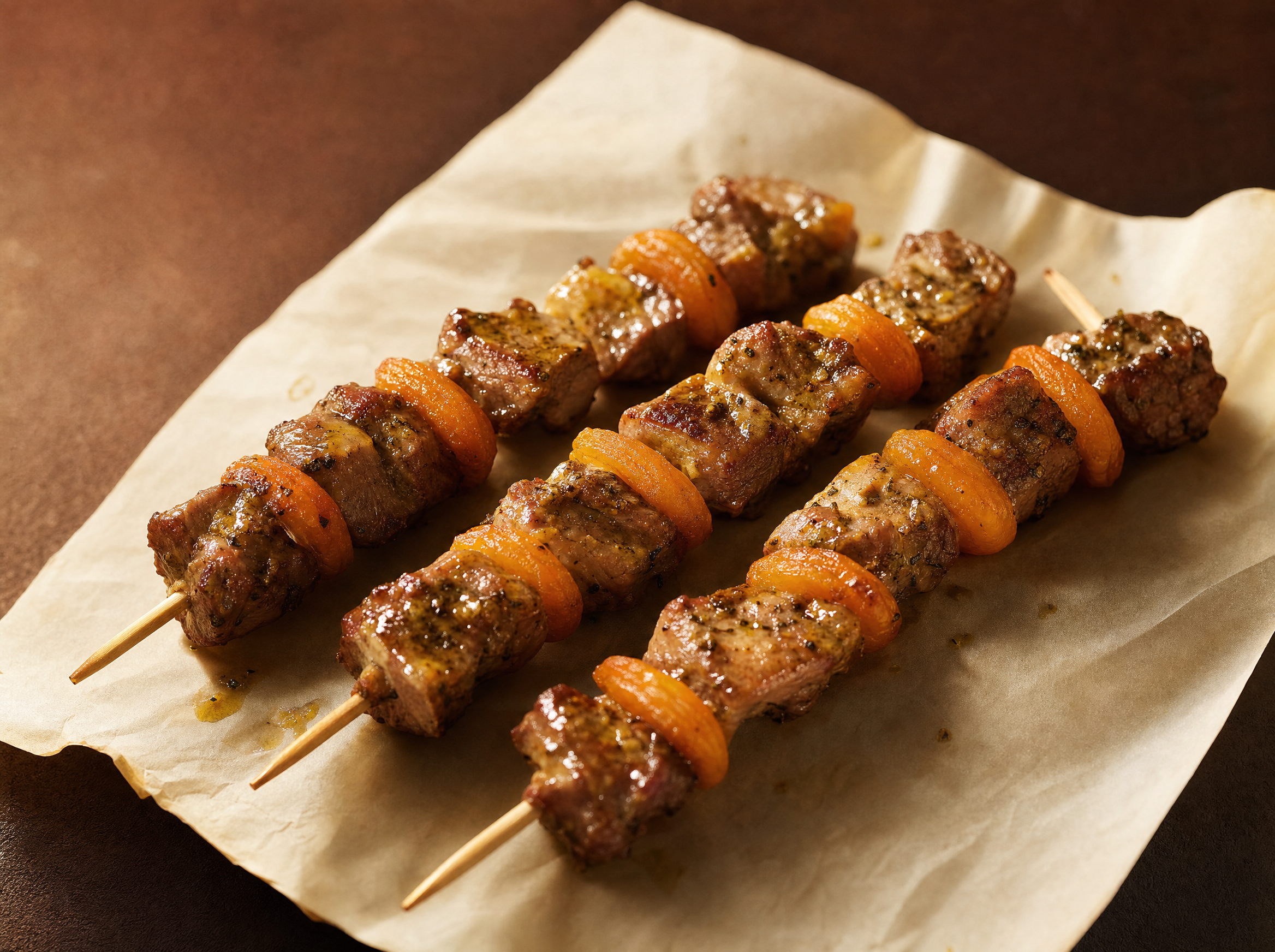 Three lamb sosaties on wooden skewers, threaded with cubes of spiced lamb and dried apricot, arranged on brown butcher paper.