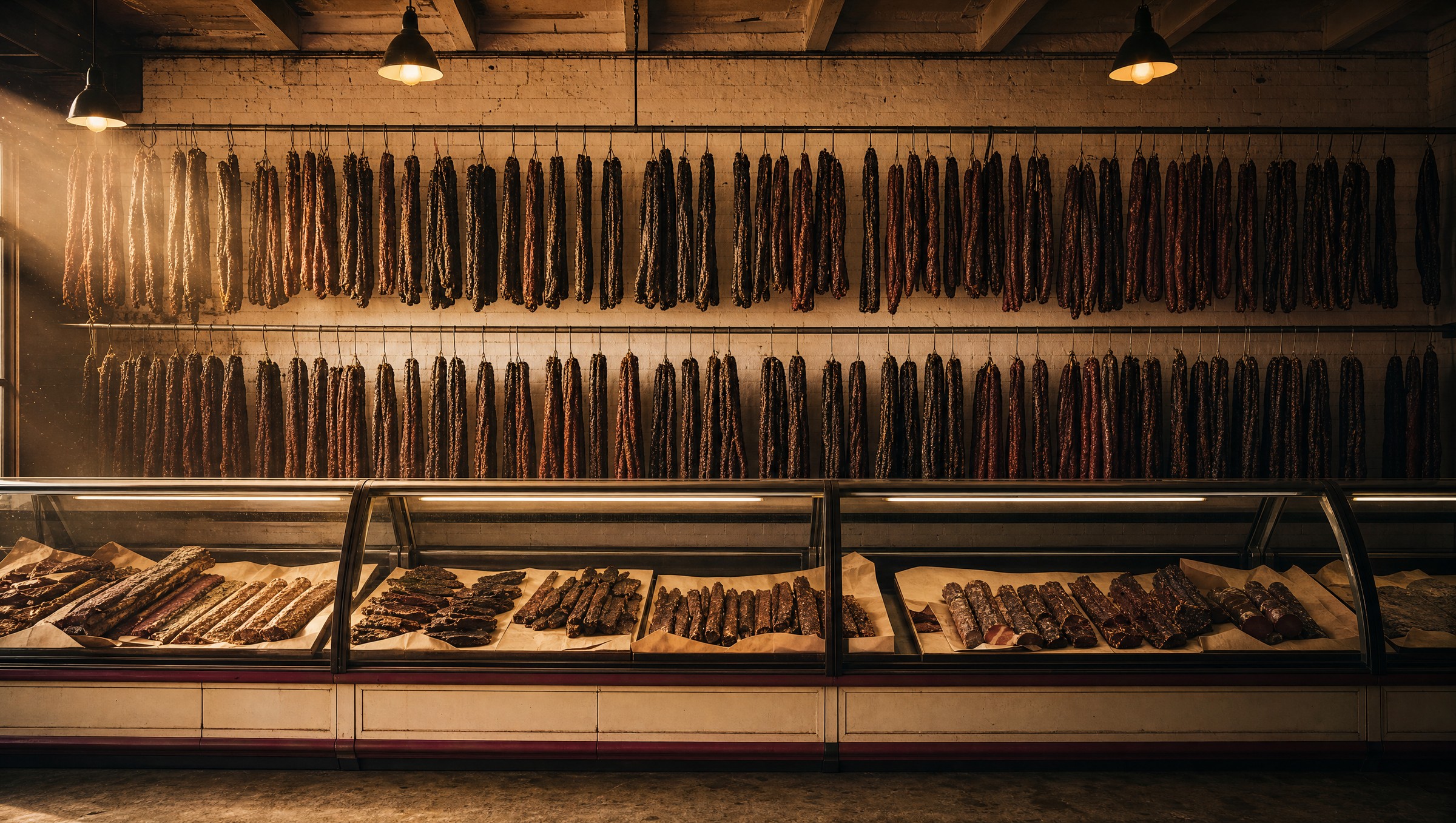 The biltong wall inside the shop. Long horizontal rows of biltong and dry wors hanging on the back wall, white-painted brick, warm tungsten pendant lights overhead, raking side-light catching each stick, glass display cabinets along the counter front.